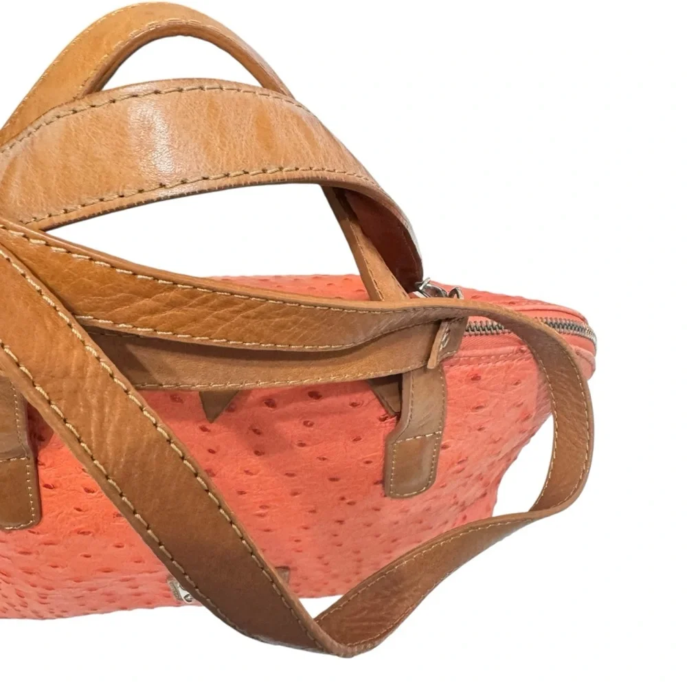 Valentina Orange Ostrich Embossed Leather Satchel‎ Crossbody Bag Top Handle